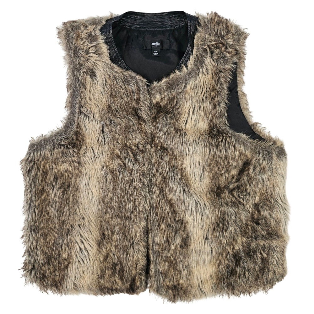 Mossimo Womens Brown Tan Shaggy Faux Fur Vest Faux Leather Trim Size Medium